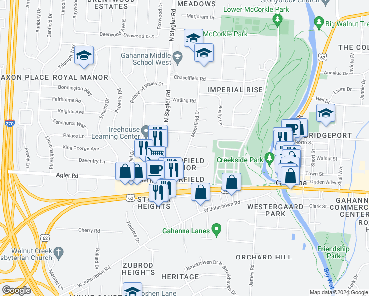 map of restaurants, bars, coffee shops, grocery stores, and more near 133 Moorfield Drive in Columbus
