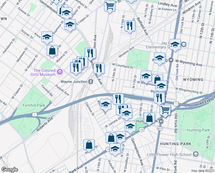map of restaurants, bars, coffee shops, grocery stores, and more near 4417 North Uber Street in Philadelphia