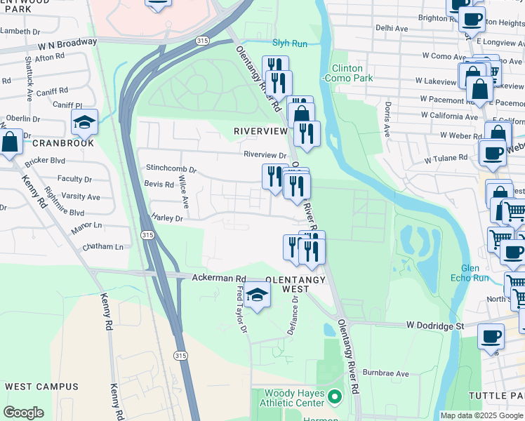 map of restaurants, bars, coffee shops, grocery stores, and more near 540 Harley Drive in Columbus