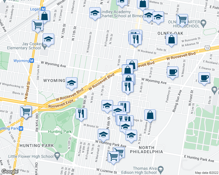 map of restaurants, bars, coffee shops, grocery stores, and more near 600 West Luray Street in Philadelphia