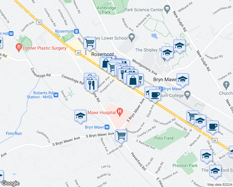map of restaurants, bars, coffee shops, grocery stores, and more near 859 Summit Grove Avenue in Bryn Mawr