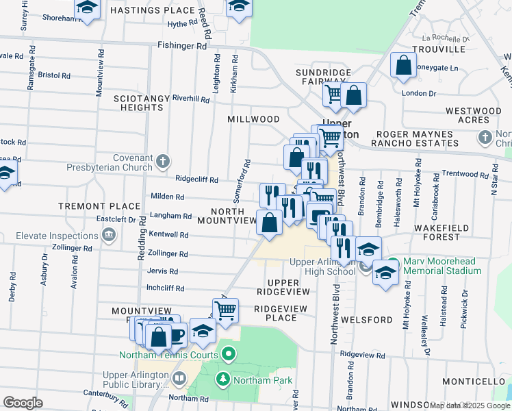 map of restaurants, bars, coffee shops, grocery stores, and more near 1847 Milden Road in Columbus