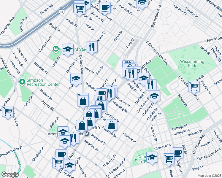 map of restaurants, bars, coffee shops, grocery stores, and more near 5041 Griscom Street in Philadelphia