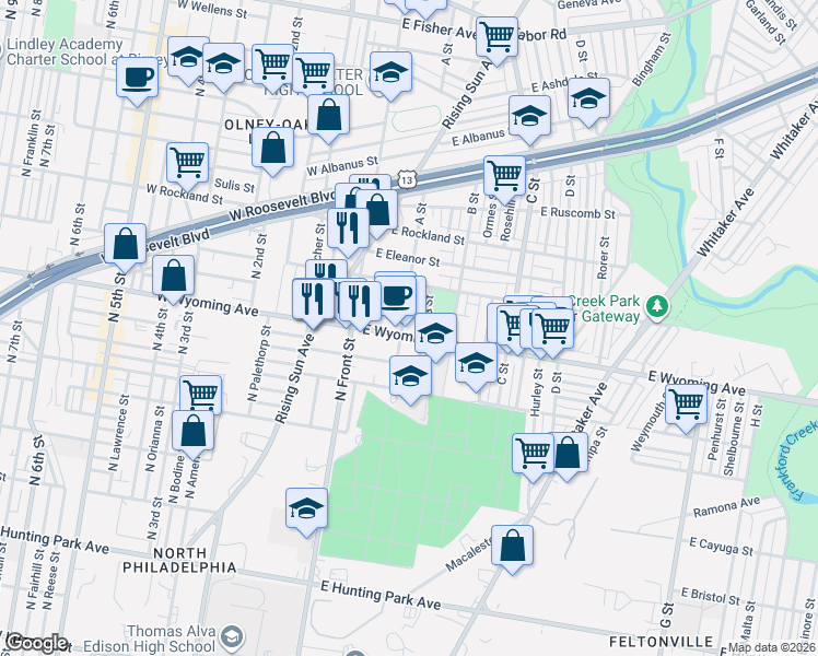map of restaurants, bars, coffee shops, grocery stores, and more near 219 East Wyoming Avenue in Philadelphia