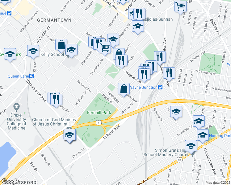 map of restaurants, bars, coffee shops, grocery stores, and more near 4616R Pulaski Avenue in Philadelphia