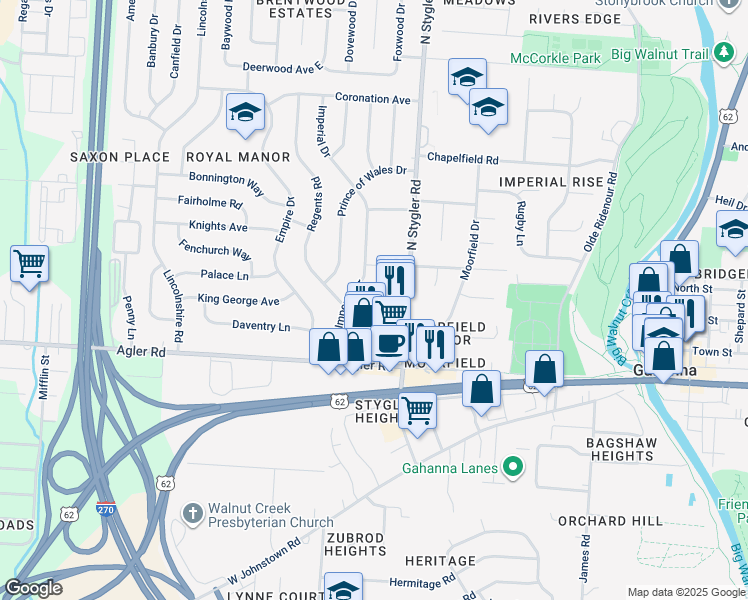 map of restaurants, bars, coffee shops, grocery stores, and more near 140 Imperial Drive in Gahanna