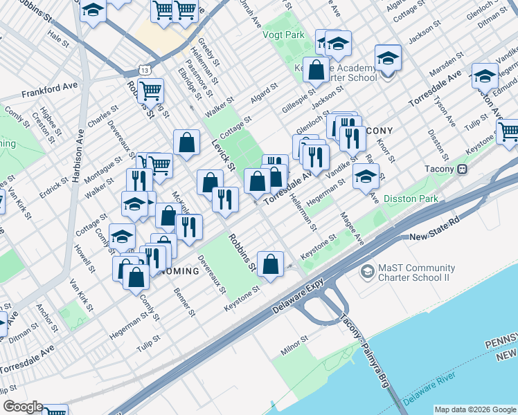map of restaurants, bars, coffee shops, grocery stores, and more near Torresdale Avenue & Levick Street in Philadelphia
