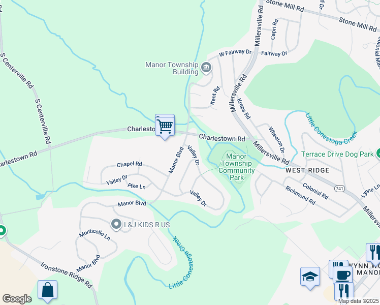 map of restaurants, bars, coffee shops, grocery stores, and more near 2555 Valley Drive in Lancaster