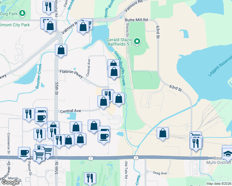 map of restaurants, bars, coffee shops, grocery stores, and more near 2100 Central Avenue in Boulder