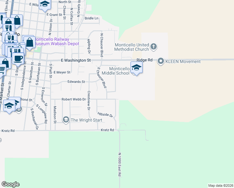 map of restaurants, bars, coffee shops, grocery stores, and more near 1307 Devonshire Drive in Monticello