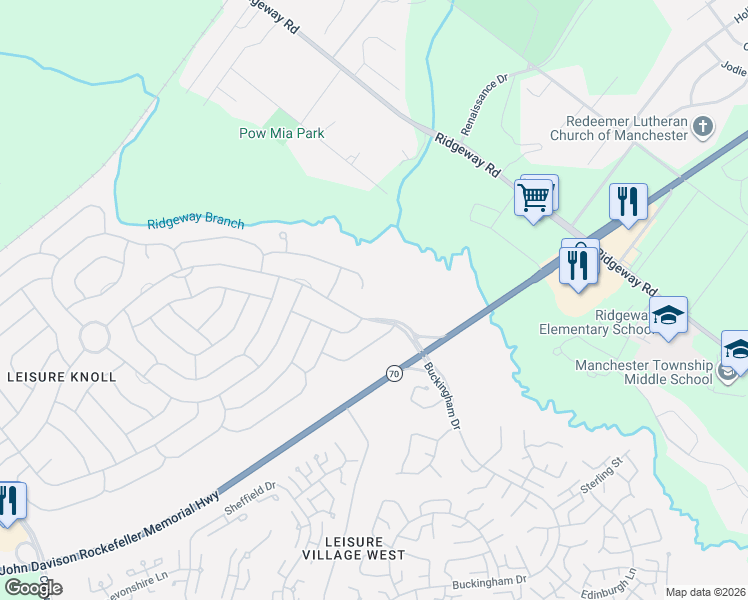 map of restaurants, bars, coffee shops, grocery stores, and more near 2B Buckingham Drive North in Manchester Township