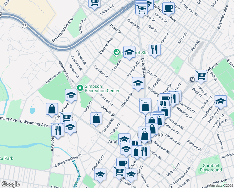 map of restaurants, bars, coffee shops, grocery stores, and more near 1141 Foulkrod Street in Philadelphia