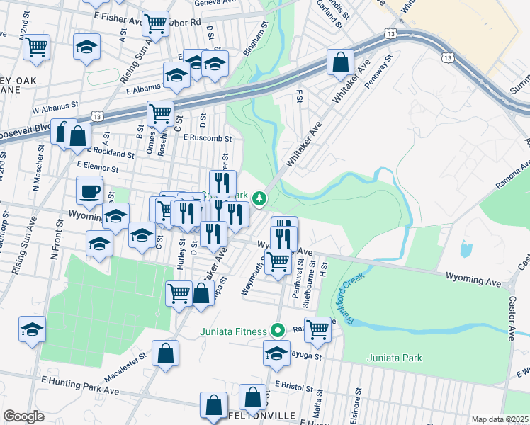 map of restaurants, bars, coffee shops, grocery stores, and more near 4770 Tampa Street in Philadelphia