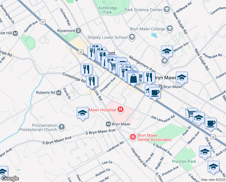 map of restaurants, bars, coffee shops, grocery stores, and more near 45 South Merion Avenue in Bryn Mawr