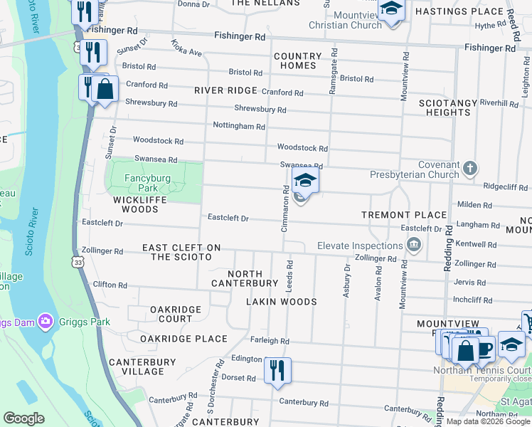 map of restaurants, bars, coffee shops, grocery stores, and more near 2510 Eastcleft Drive in Columbus