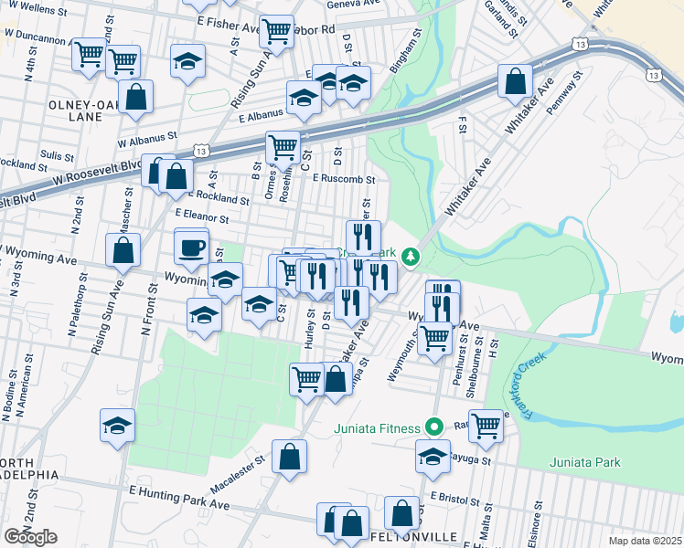 map of restaurants, bars, coffee shops, grocery stores, and more near 4736 Bingham Street in Philadelphia
