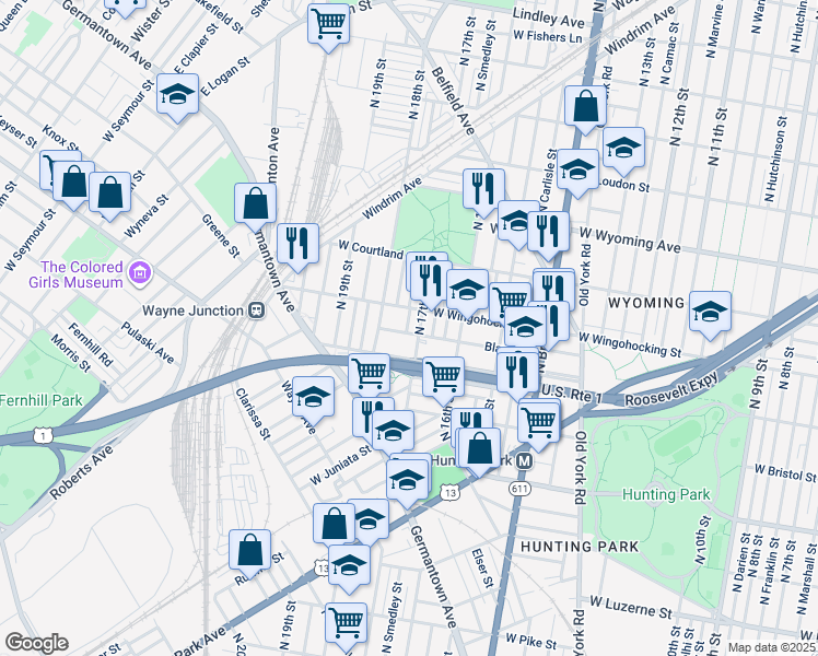 map of restaurants, bars, coffee shops, grocery stores, and more near 1713 Blavis Street in Philadelphia