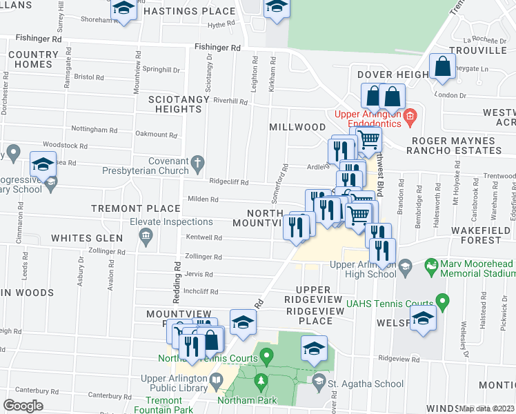 map of restaurants, bars, coffee shops, grocery stores, and more near 1929 Milden Road in Columbus