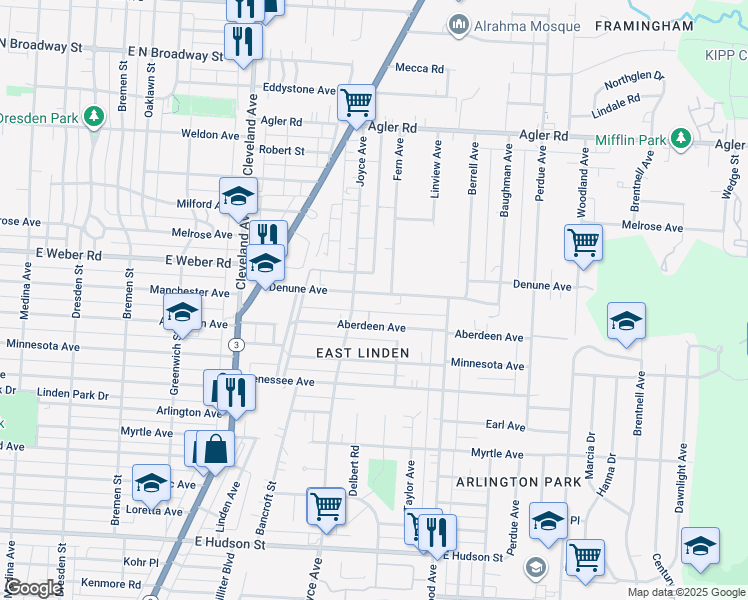 map of restaurants, bars, coffee shops, grocery stores, and more near 1947 Denune Avenue in Columbus