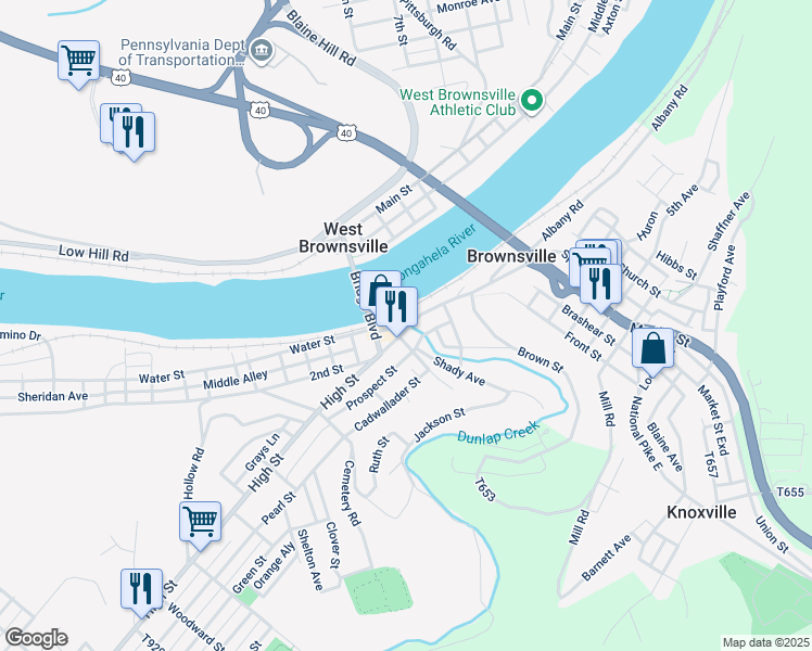 map of restaurants, bars, coffee shops, grocery stores, and more near 3 High Street in Brownsville