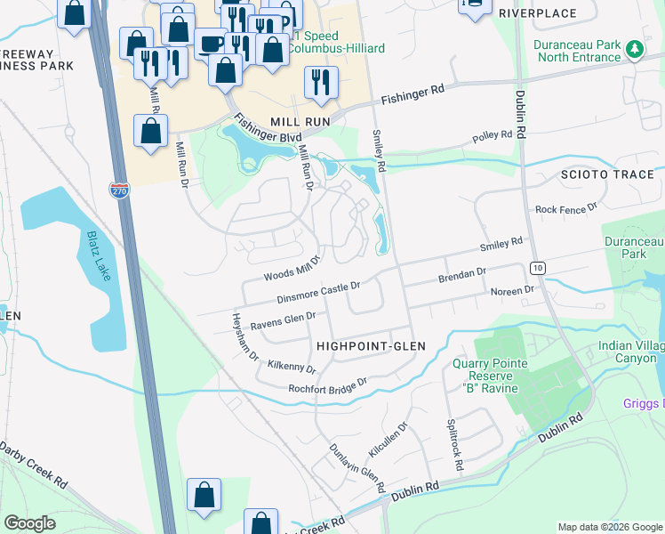 map of restaurants, bars, coffee shops, grocery stores, and more near 3705 Hilliard's Station Road in Hilliard