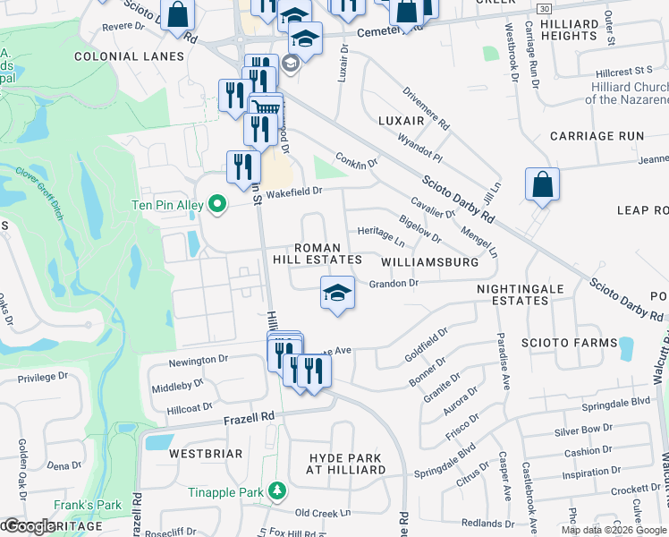 map of restaurants, bars, coffee shops, grocery stores, and more near 3416 Farley Drive in Hilliard