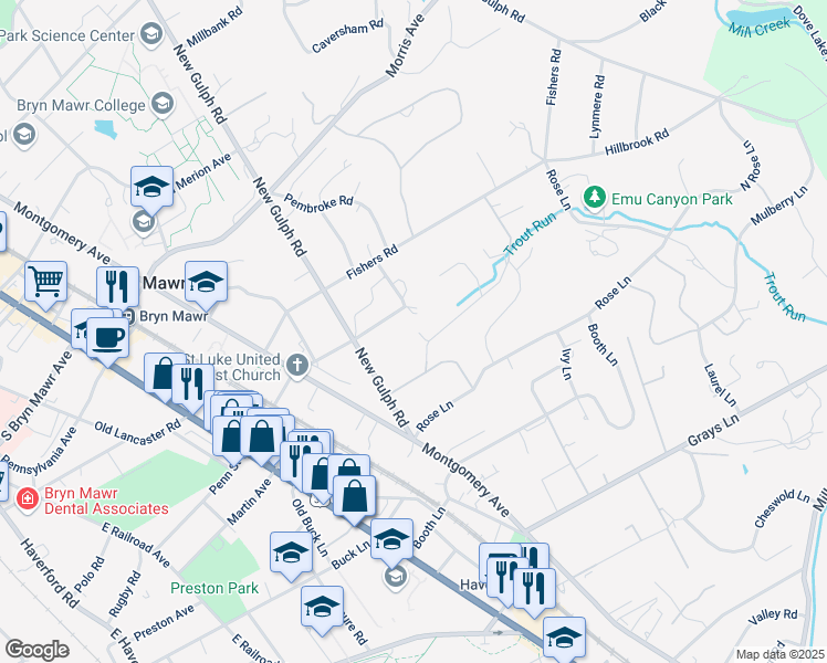 map of restaurants, bars, coffee shops, grocery stores, and more near 130 Avon Road in Haverford