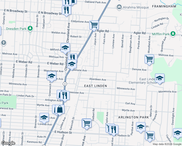 map of restaurants, bars, coffee shops, grocery stores, and more near 1897 Denune Avenue in Columbus