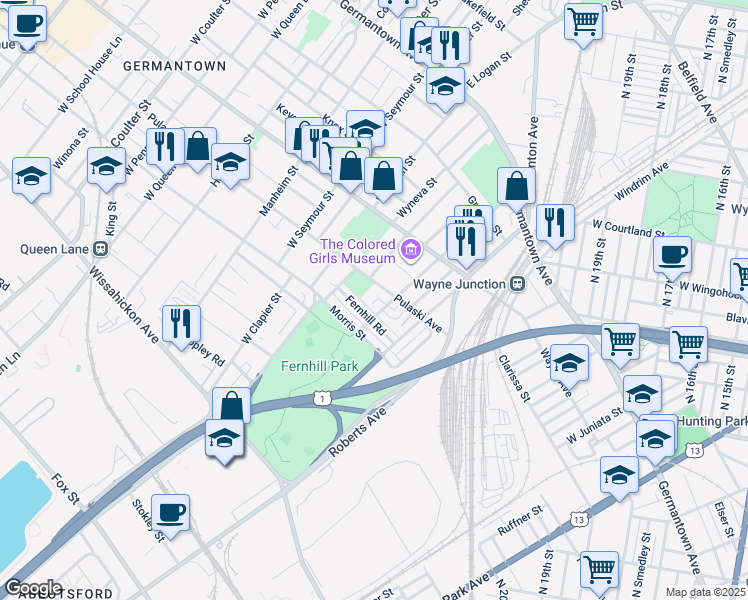 map of restaurants, bars, coffee shops, grocery stores, and more near 4616R Pulaski Avenue in Philadelphia