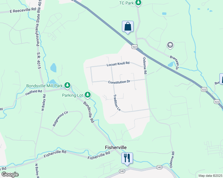 map of restaurants, bars, coffee shops, grocery stores, and more near 127 Tradition Lane in Downingtown