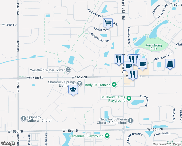 map of restaurants, bars, coffee shops, grocery stores, and more near 16120 Bromley Way in Westfield