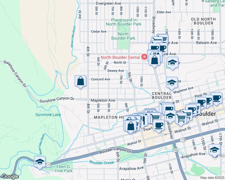 map of restaurants, bars, coffee shops, grocery stores, and more near 624 Maxwell Avenue in Boulder
