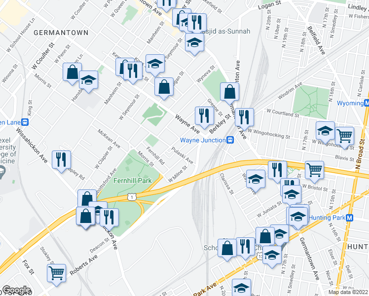 map of restaurants, bars, coffee shops, grocery stores, and more near 258 Zeralda Street in Philadelphia