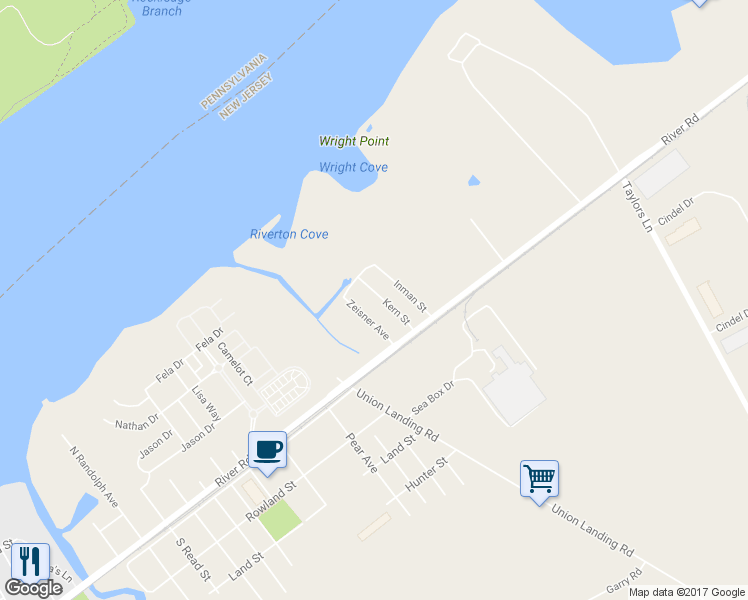 map of restaurants, bars, coffee shops, grocery stores, and more near 529 Kern Street in Cinnaminson