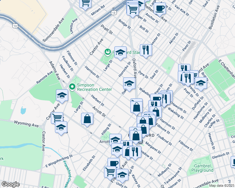map of restaurants, bars, coffee shops, grocery stores, and more near 1230 Harrison Street in Philadelphia