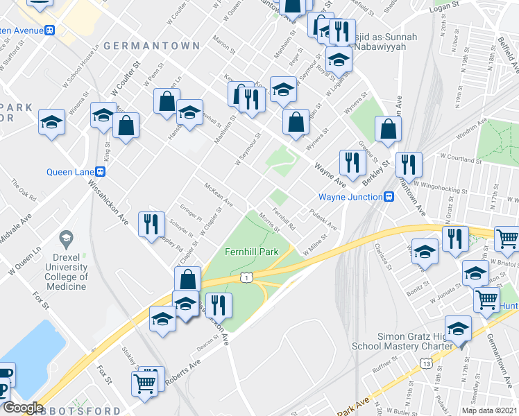 map of restaurants, bars, coffee shops, grocery stores, and more near 4661 Morris Street in Philadelphia