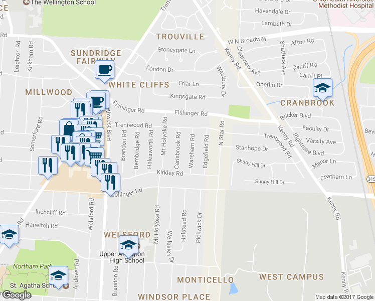 map of restaurants, bars, coffee shops, grocery stores, and more near 3107 Wareham Road in Columbus