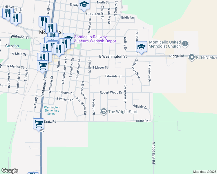 map of restaurants, bars, coffee shops, grocery stores, and more near 12 Valera Court in Monticello