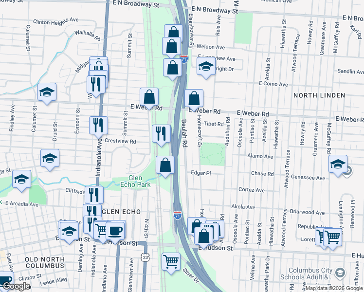 map of restaurants, bars, coffee shops, grocery stores, and more near 2799 Beulah Road in Columbus