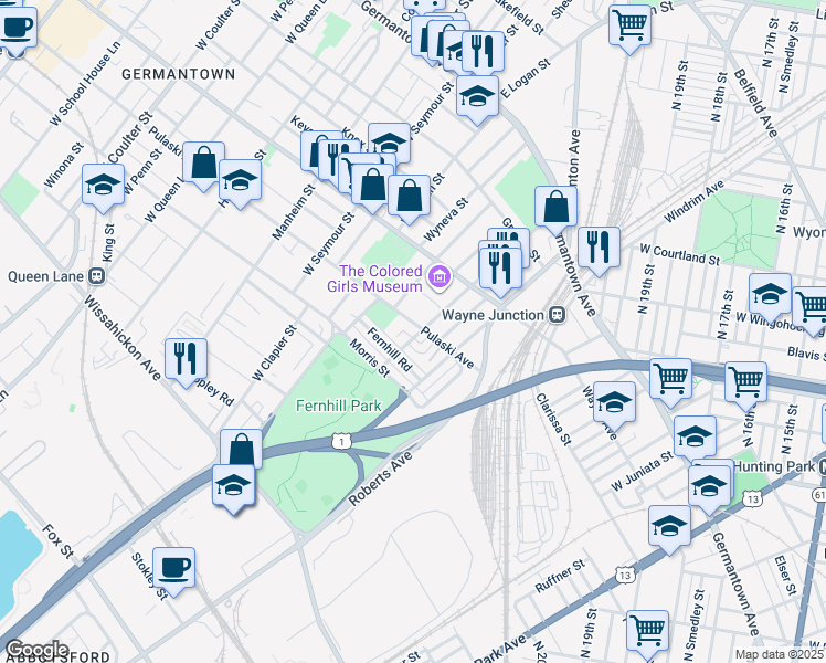 map of restaurants, bars, coffee shops, grocery stores, and more near 4602 Pulaski Avenue in Philadelphia