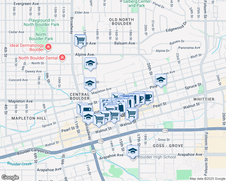 map of restaurants, bars, coffee shops, grocery stores, and more near 1528 Mapleton Ave in Boulder