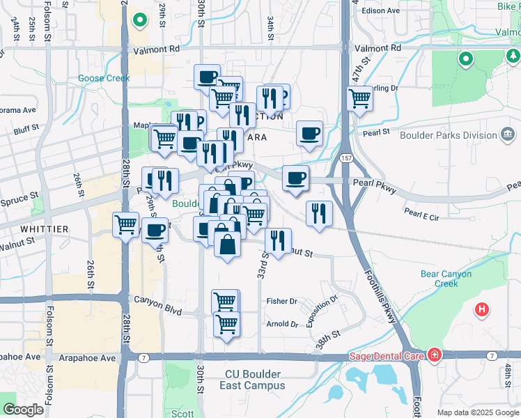 map of restaurants, bars, coffee shops, grocery stores, and more near 3240 Prairie Avenue in Boulder