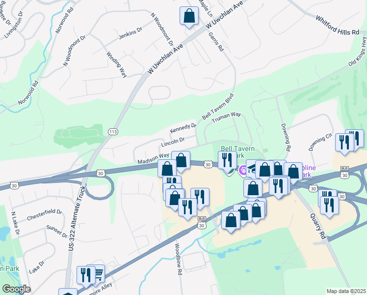 map of restaurants, bars, coffee shops, grocery stores, and more near 24 Madison Way in Downingtown