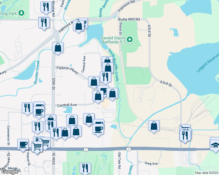 map of restaurants, bars, coffee shops, grocery stores, and more near 2100 Central Avenue in Boulder