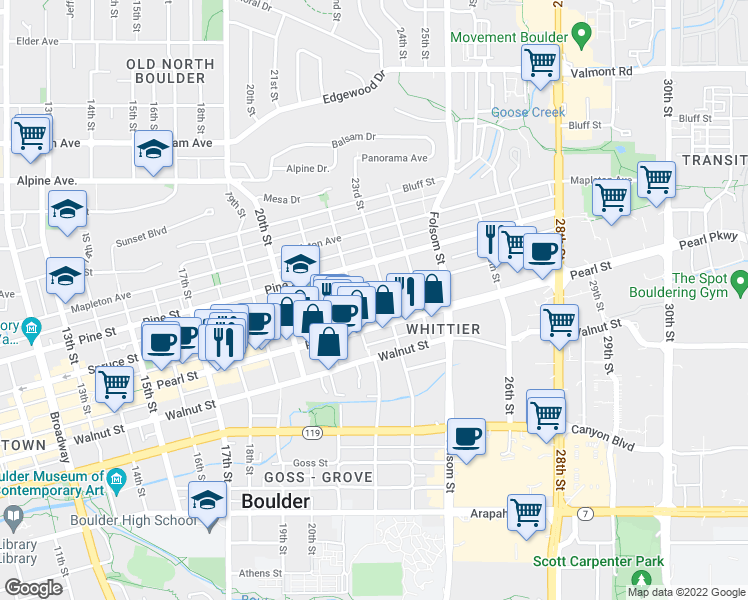 map of restaurants, bars, coffee shops, grocery stores, and more near 2224 Spruce Street in Boulder