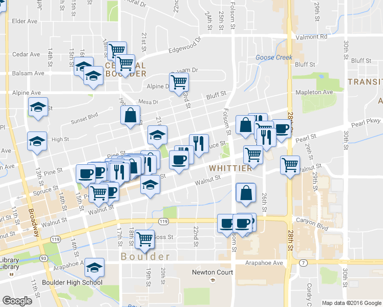 map of restaurants, bars, coffee shops, grocery stores, and more near 2220 Spruce Street in Boulder