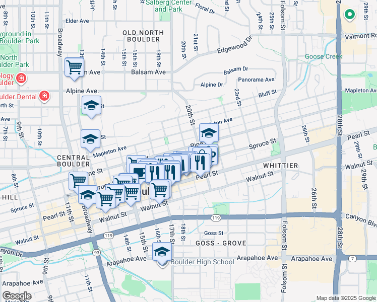 map of restaurants, bars, coffee shops, grocery stores, and more near 2136 19th Street in Boulder