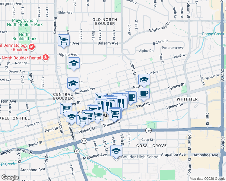 map of restaurants, bars, coffee shops, grocery stores, and more near 1645 Pine Street in Boulder
