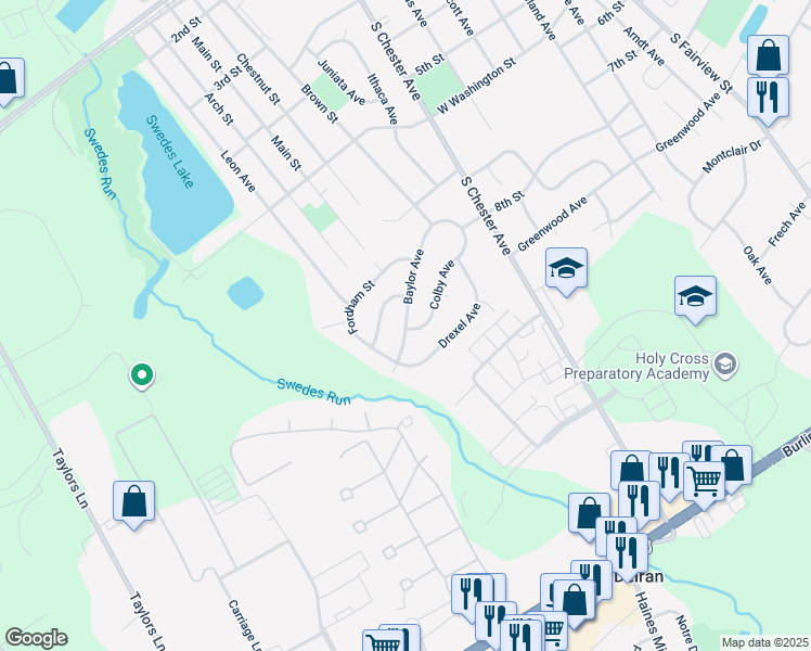 map of restaurants, bars, coffee shops, grocery stores, and more near 740 Baylor Avenue in Delran