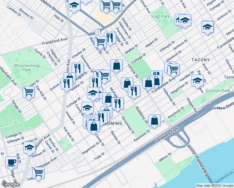 map of restaurants, bars, coffee shops, grocery stores, and more near 4517 McKinley Street in Philadelphia